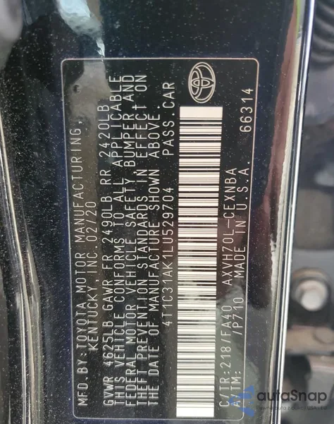 2020 Toyota Camry Le from USA, damaged, VIN 4T1C31AK1LU529704